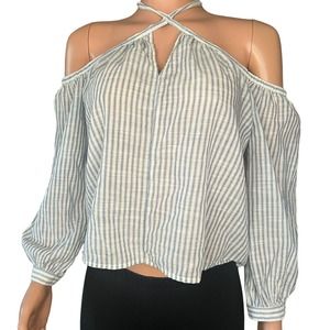 Lucky Brand Shirt Womens Small Blue White Stripe Off Shoulder 3/4 Sleeve Halter
